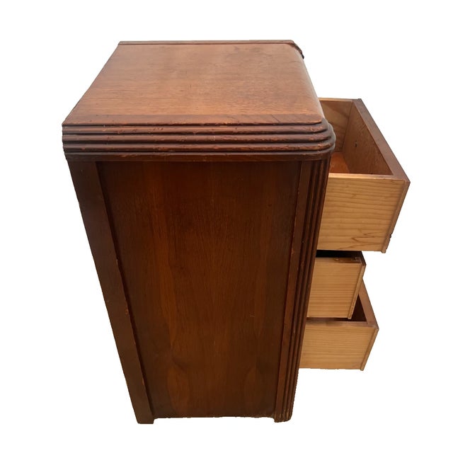 1920s Art Deco Nightstand Bed Side Table Three Drawers Bakelite Handles Waterfall Top For Sale In Palm Springs - Image 6 of 12