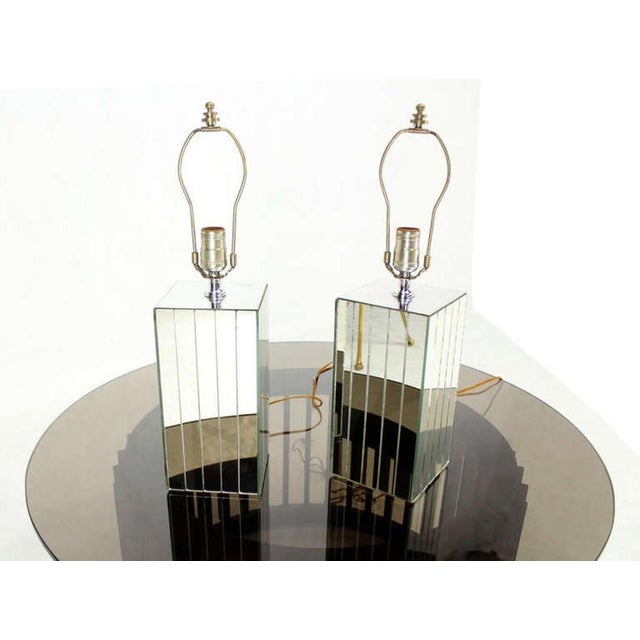 Glass Square Sky Scraper Shape Mid-Century Modern Mirrored Table Lamps - A Pair For Sale - Image 7 of 7