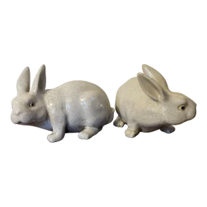 Antique Early 20th Century French Crackle Glaze Art Pottery Figures of Rabbits or Hares in the Chinese Taste - a Pair