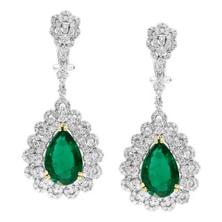 GIA Certified 14Ct Pear/Drop Zambian Emerald 7 Ct Diamond Earrings 18 Kt Gold For Sale