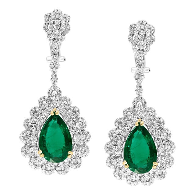 GIA Certified 14Ct Pear/Drop Zambian Emerald 7 Ct Diamond Earrings 18 Kt Gold For Sale