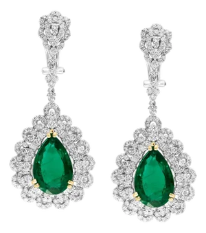 GIA Certified 14Ct Pear/Drop Zambian Emerald 7 Ct Diamond Earrings 18 Kt Gold