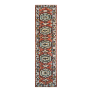 3x20Ft. Brunt Orange Light Blue Persian Design Inspired Hand Knotted Wool Runner Rug For Sale