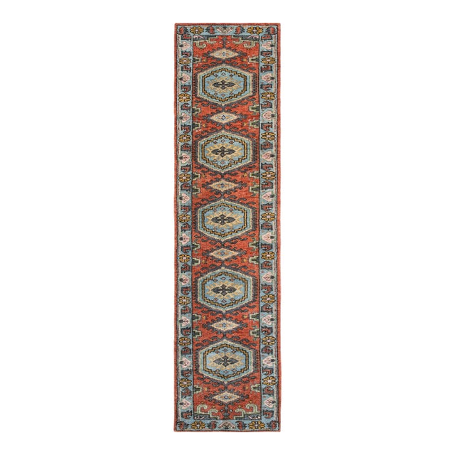 3x20Ft. Brunt Orange Light Blue Persian Design Inspired Hand Knotted Wool Runner Rug For Sale