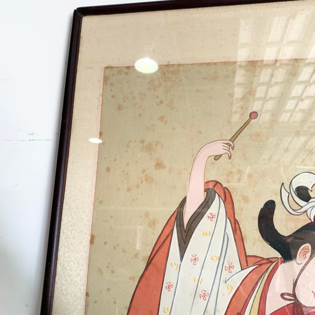 Vintage Framed Japanese Silk Painting of Dancer Playing Drum For Sale In Miami - Image 6 of 10