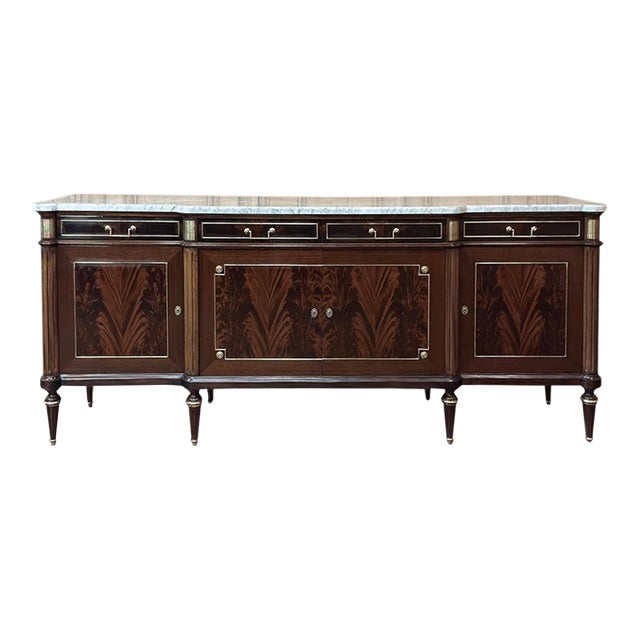 Antique Directoire Style French Mahogany Buffet With Carrara Marble Top For Sale