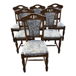 Vintage French Country Oak and Upholstery Dining Chairs - Set of 6 For Sale