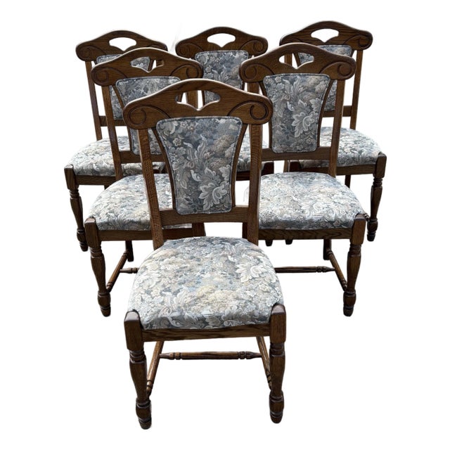 Vintage French Country Oak and Upholstery Dining Chairs - Set of 6 For Sale