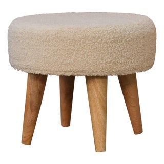 Bouclé Upholstered Stool With Curved Wood Legs For Sale