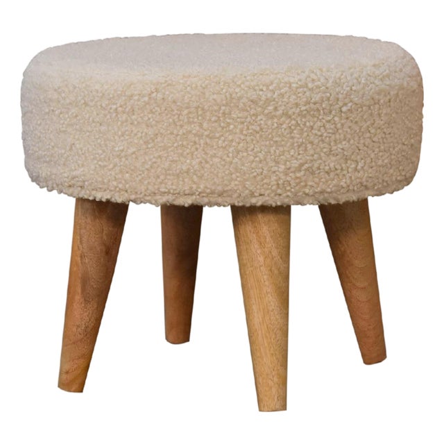 Bouclé Upholstered Stool With Curved Wood Legs For Sale