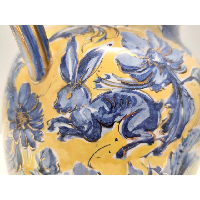 Vintage Handmade Yellow and Blue Glazed Ceramic Amphora Vase by Zulimo Aretini, Italy, 1950s For Sale - Image 11 of 15