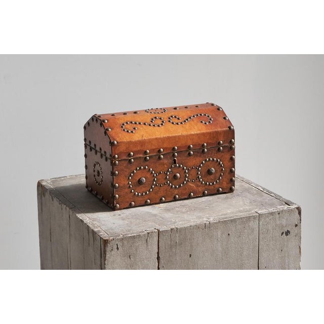 Very Decorative Box in Leather and Metal Studs, Europe, 1950s. This mid-century decorative box is clad in warm brown...