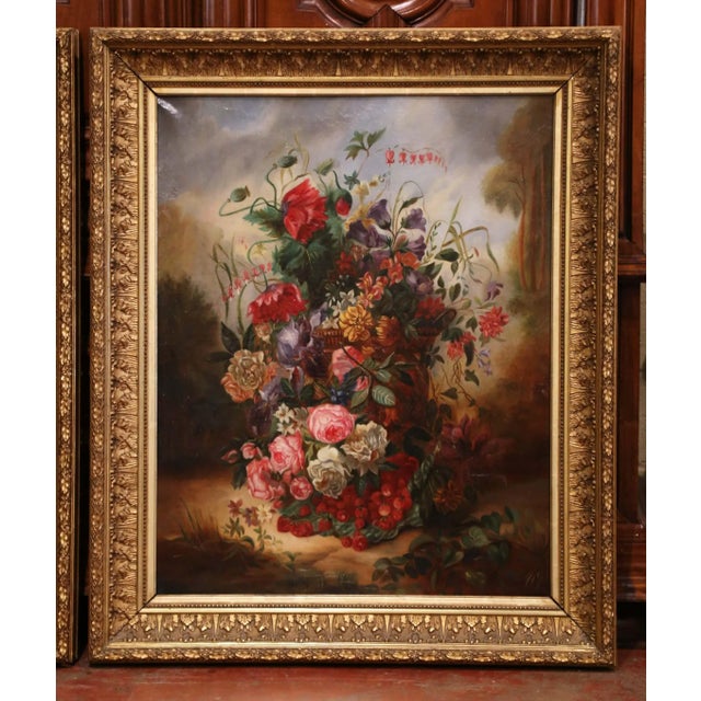Pair of 19th C. French Floral Still Life Oil Paintings in Carved Giltwood Frames For Sale - Image 4 of 10