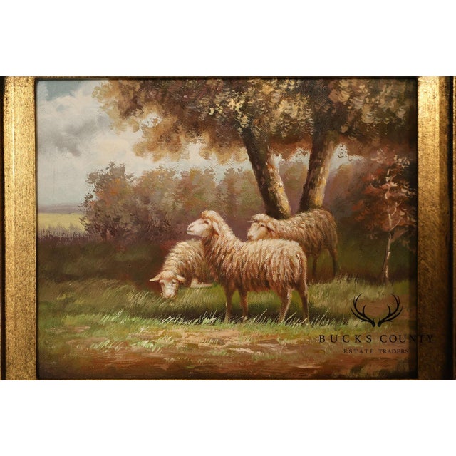 Continental Style Pair of Pastoral Landscape Paintings With Sheep For Sale - Image 12 of 18