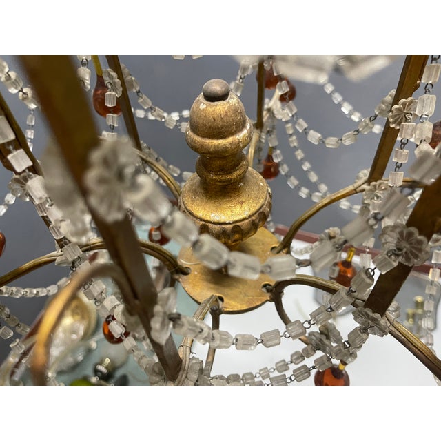 Glass Italian Florentine Giltwood and Amber Murano Glass Drop 6-Light Chandelier, 1950s For Sale - Image 7 of 15
