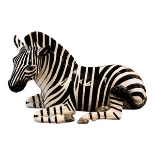 Vintage Tilso Japan Ceramic Reclining Zebra Sculpture | Mid-Century Modern Hollywood Regency Decor For Sale