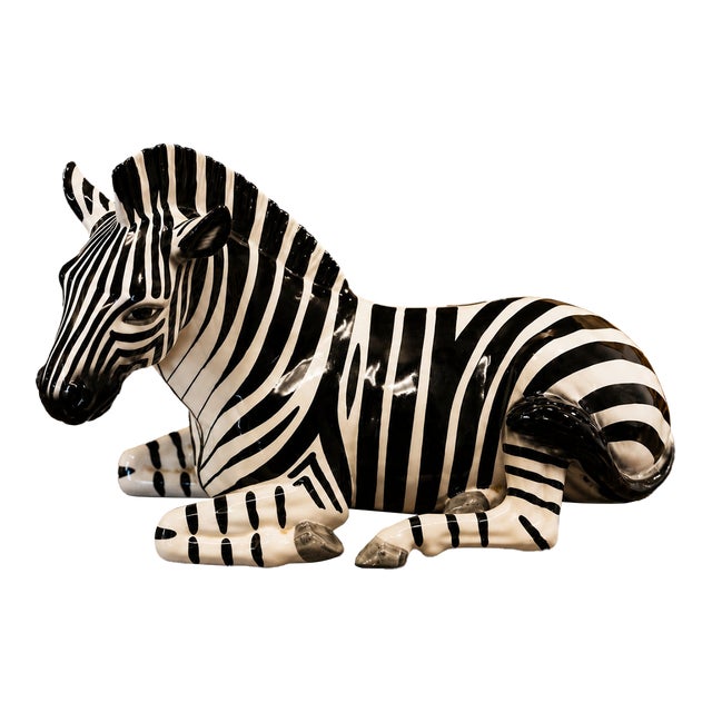 Vintage Tilso Japan Ceramic Reclining Zebra Sculpture | Mid-Century Modern Hollywood Regency Decor For Sale