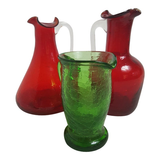2 Red and 1 Green Crystal Crackle Glass Pitchers For Sale
