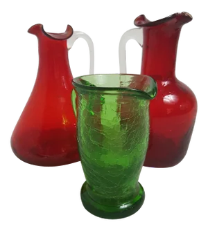 2 Red and 1 Green Crystal Crackle Glass Pitchers