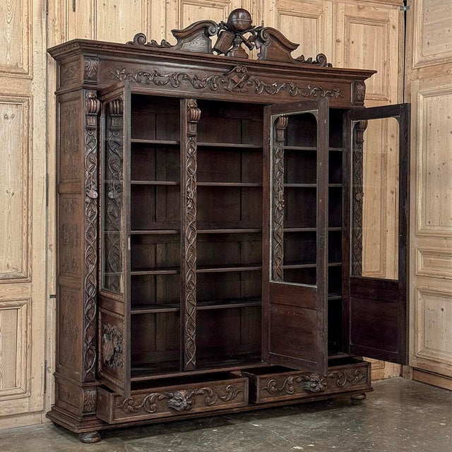 19th Century Renaissance Revival Hand-Carved Oak Triple Bookcase For Sale - Image 16 of 18