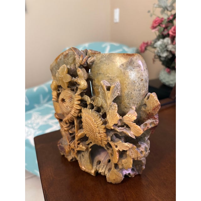Chinese Chinese Carved Soapstone Double Spill Vase Floral Relief Sculptural For Sale - Image 3 of 5