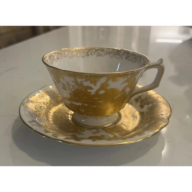 English 1930s Royal Crown Derby Gold Aves Pattern English Bone China Footed Tea Cup & Saucer. 24k Gold Details For Sale - Image 3 of 5