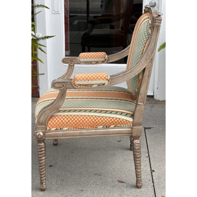 Dessin Fournir Louis XVI Giltwood Arm Chair W Cut Velvet. Signed on the bottom Dessin Fournir.