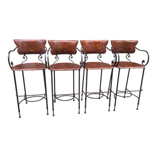 Arhaus Iron & Leather Hide Cafe Stools - Set of 4 For Sale