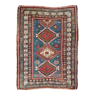 Century Old Antique Kazak in Ocean Blue Amazing Greens Rug 4.8 x 7.8 For Sale