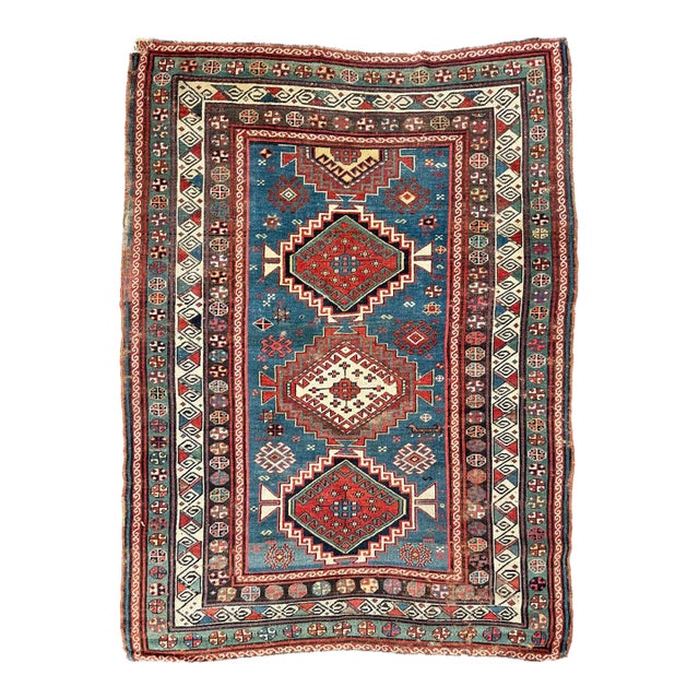 Century Old Antique Kazak in Ocean Blue Amazing Greens Rug 4.8 x 7.8 For Sale