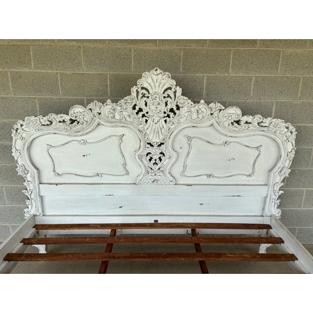 Rococo Italian Rococo Style Shabby Chic Distressed King Size Bed Frame For Sale - Image 3 of 11