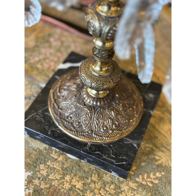 1940s Victorian Brass, Marble and Crystal 5-Arm Table Lamp For Sale - Image 10 of 11