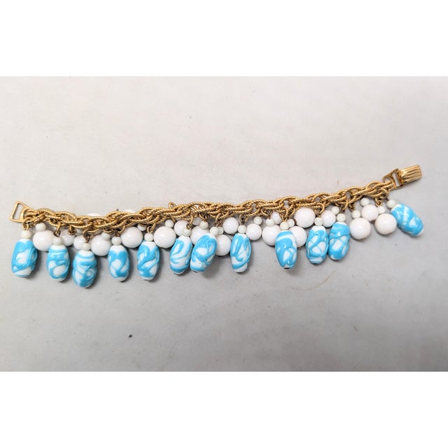 Vintage Napier Book Piece Goldtone Blue & Turquoise Art Glass Charm Bracelet, 1967 For Sale In Philadelphia - Image 6 of 15