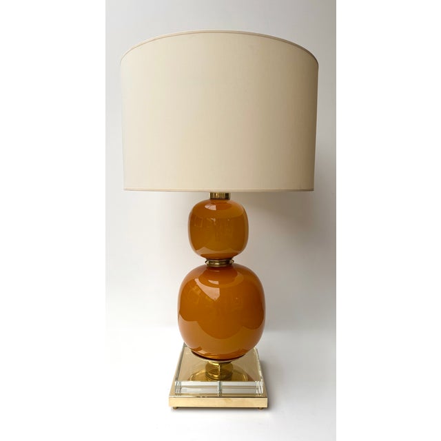 Orange Contemporary Pair of Brass and Orange Murano Glass Bulbs Lamps, Italy For Sale - Image 8 of 13