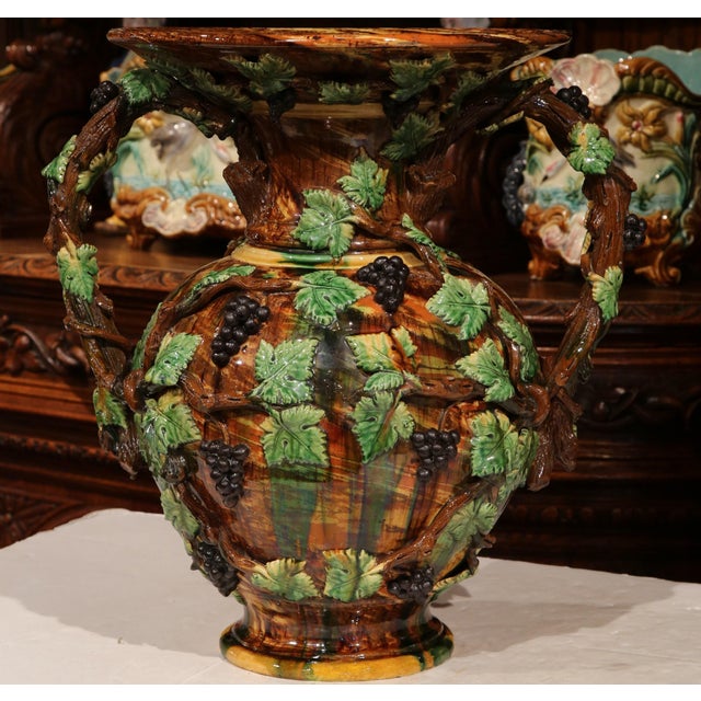 19th Century French Painted Ceramic Barbotine Vase With Vine, Grape & Leaf Decor For Sale In Dallas - Image 6 of 10