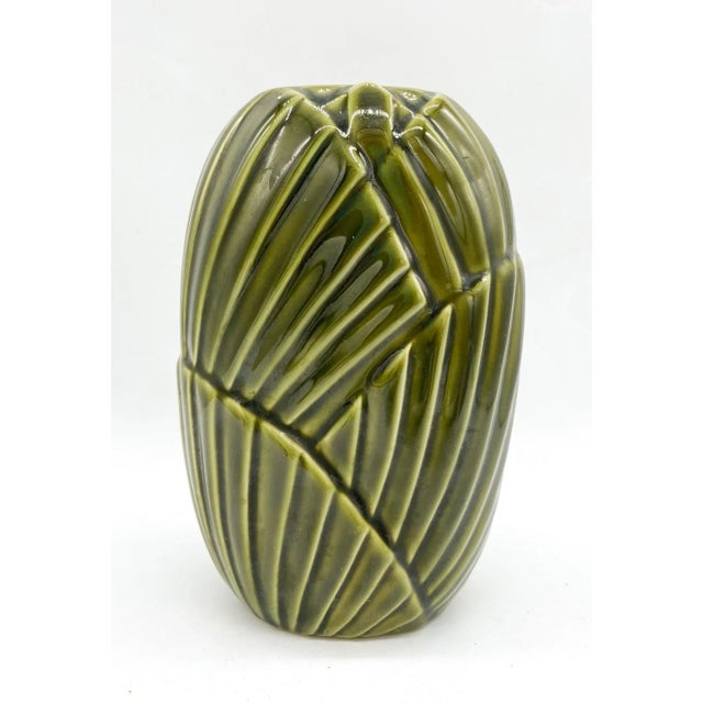 Vintage Boho Chic Green Ceramic Leaf Vase For Sale - Image 4 of 9