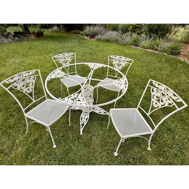 Mid-Century Modern Vintage Meadowcraft “Meadow Rose” Wrought Iron Dining Set, 5 Pieces For Sale - Image 3 of 12