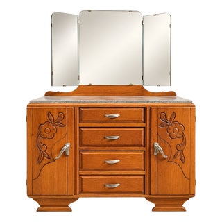 Art Deco Dressing Table in Oak and Marble with Triptych Mirror, 1930s For Sale