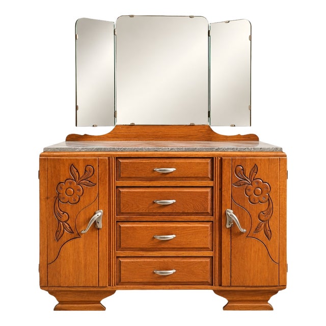 Art Deco Dressing Table in Oak and Marble with Triptych Mirror, 1930s For Sale
