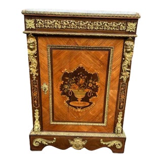 Early 20th Century Louis XV Style Ormolu Mounted Colored Marquetry King Wood and Tulipwood Marble Top Side Cabinet For Sale