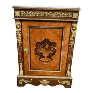 Early 20th Century Louis XV Style Ormolu Mounted Colored Marquetry King Wood and Tulipwood Marble Top Side Cabinet