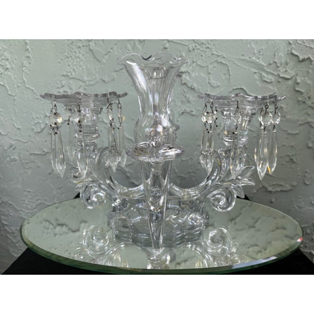 Cambridge Glass Company Vintage Cambridge Glass Crystal Epergne Candelabra With Hanging Prisms and Oval Mirror Display Base For Sale - Image 4 of 12