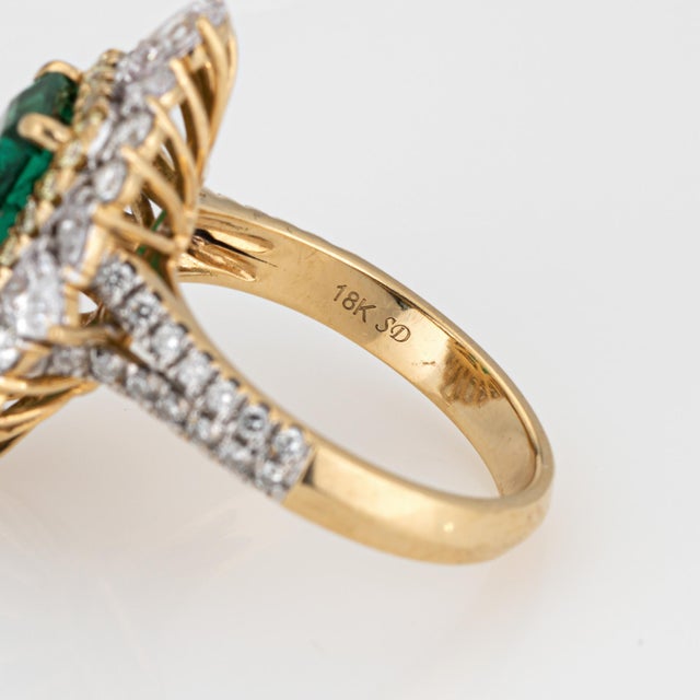 Mid 20th Century Emerald Diamond Cocktail Ring Vintage 18k Yellow Gold Size 7 Gemstone Jewelry For Sale - Image 5 of 7