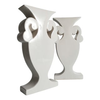 Vintage Flattened White Ceramic Urn Vases, 1980s, Set of 2 For Sale