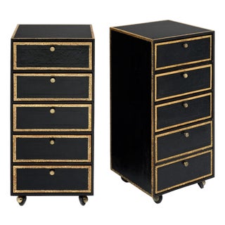 Vintage French Pair of Leather Covered Filing Cabinets, Casters For Sale