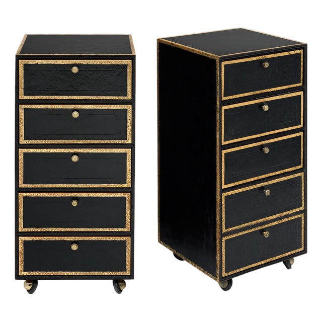 Vintage French Pair of Leather Covered Filing Cabinets, Casters For Sale