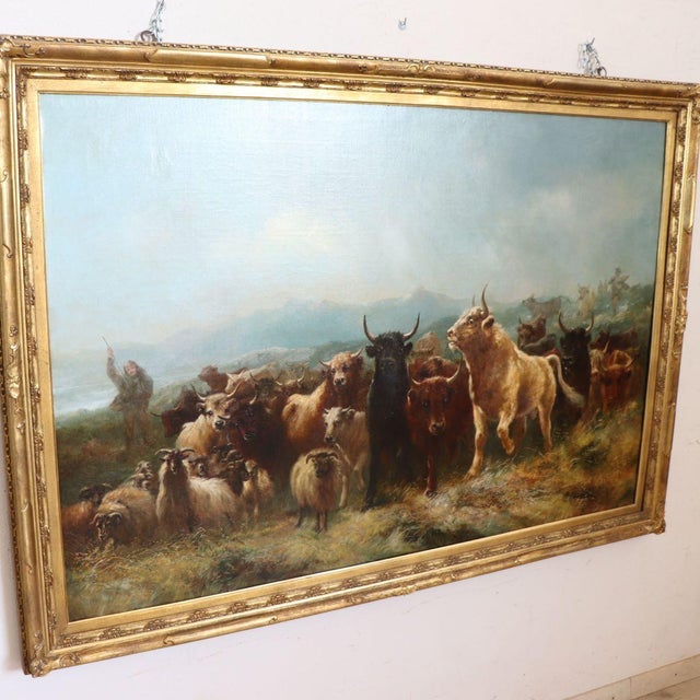 W. Watson, Herd of Cattle, Large Oil Painting on Board, 19th Century, Framed For Sale - Image 4 of 18