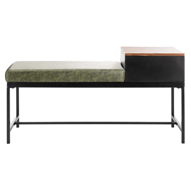 Bench With Storage in Grey Wash & Dark Green For Sale - Image 4 of 11