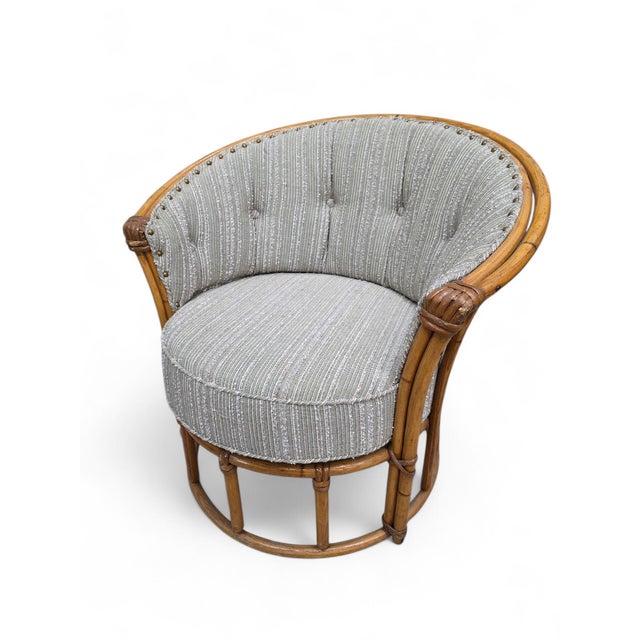 Mid-Century Modern Heywood Wakefield “Ashcraft” Bamboo Style Barrel-Back Rattan Lounge Chairs – Pair For Sale - Image 9 of 10