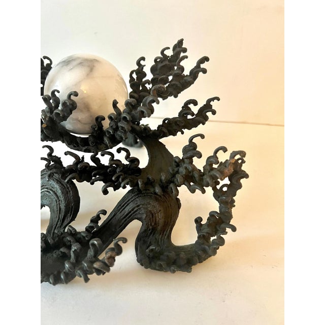19th Century Signed Japanese Meiji Bronze Wave with Carrera Marble Sphere For Sale - Image 10 of 10